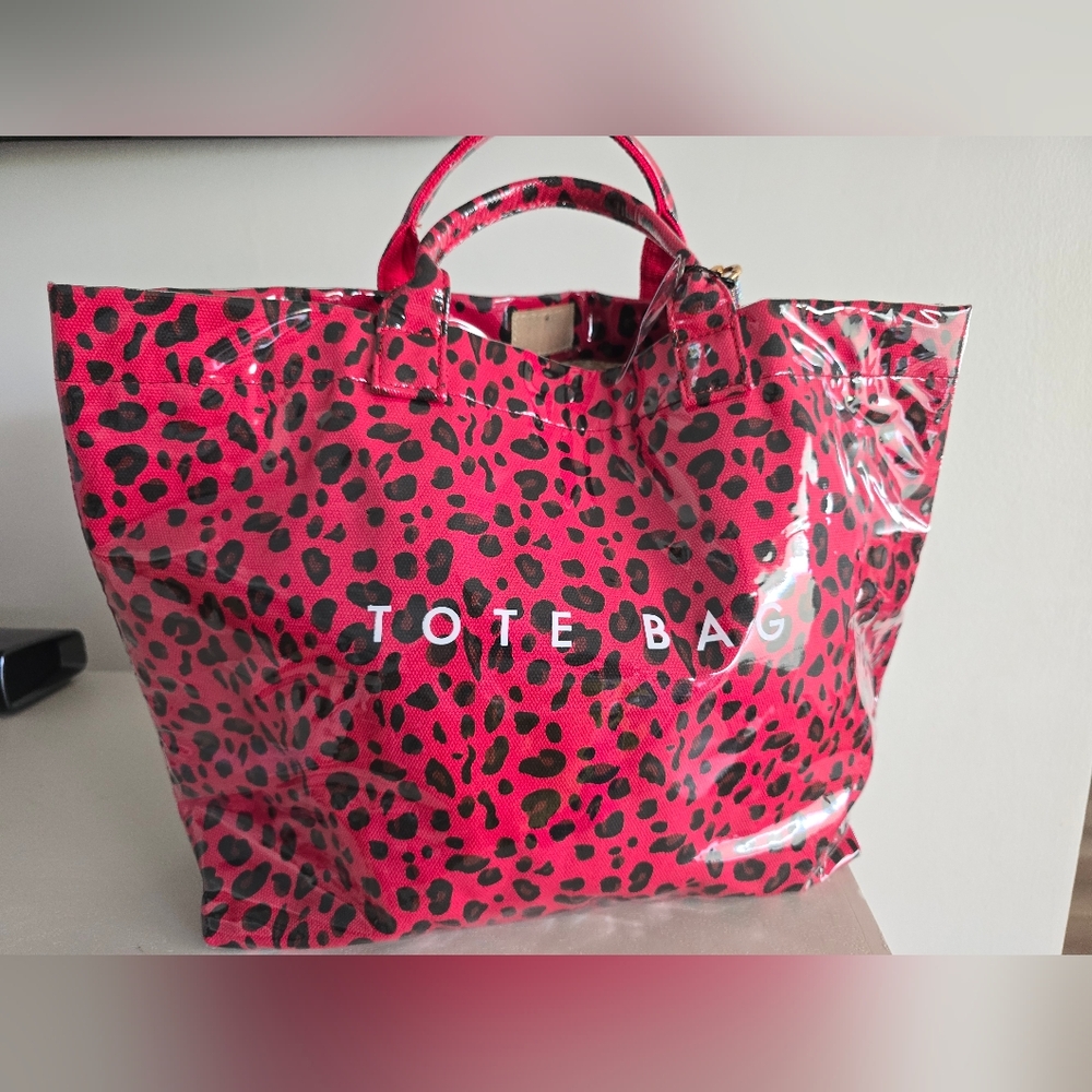 Red Leopard Print Tote Bag with Clear Vinyl Overlay - Picture 9 of 11